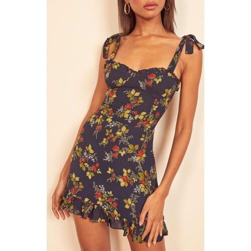 Dress Women Summer Boho Vintage Floral Print Dress Spaghetti Strap Tie Sleeveless Sexy Ruffle Mini Beach Dress Holiday Sundress