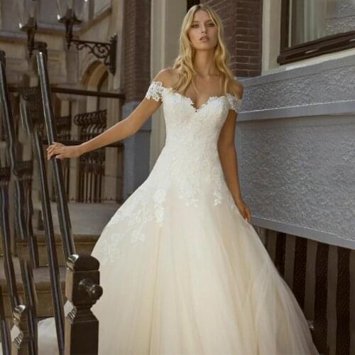 Glam Off Shoulder Wedding Dress 2021 White/Ivory/Champagne Applique Open Back A Line Floor Length Bridal Gowns Vestido De Noiva