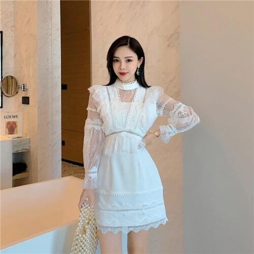 2020 High-end Custom Lace Dress fashion socialite style gouhua hollow-out white lace bubble long sleeve party Dress