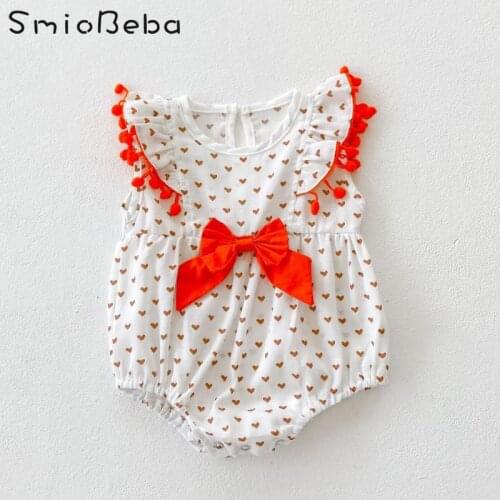 2021 Summer Newborn Baby Girl Jumpsuits Full Printed Love Pattern Tassel Ball Flying Sleeve Hatsuit 1-3 Years Cute Kids Bodysuit