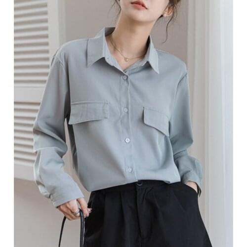2021 Spring New Korean Office Lady White Shirt Womens Simple Pockets Blouse Loose Long Sleeve Summer Work Wear Tops 9825