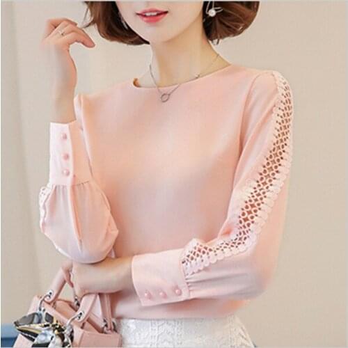 Spring summer hollow out lace long sleeved round collar OL work style shirt graceful LQ0102