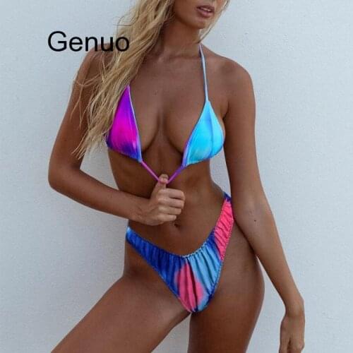 Ladies Sexy Ruches Triangle Blue And Pink Tie Dye Bikini Summer Beach Vacation Swimsuit High-quality Swimwear HOT