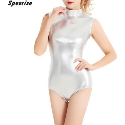 Adult Metallic Bodysuit Leotard sleeveless Tank Top Shiny Spandex Ballroom Stage Performance Dance Clothes Sexy Costumes Women