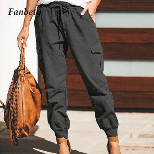 Women Vintage Elegant Pockets Lace-Up Cargo Pants 2021 Spring Summer Fashion Casual Solid Trousers Female Loose Streetwear Pant