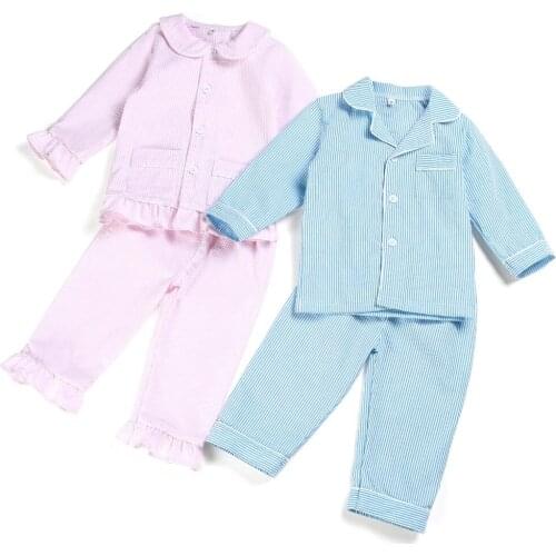 Boutique Button Up Cotton Long Sleeve Seersucker Stripe Kids Siblings Boys And Girls Pyjamas Set