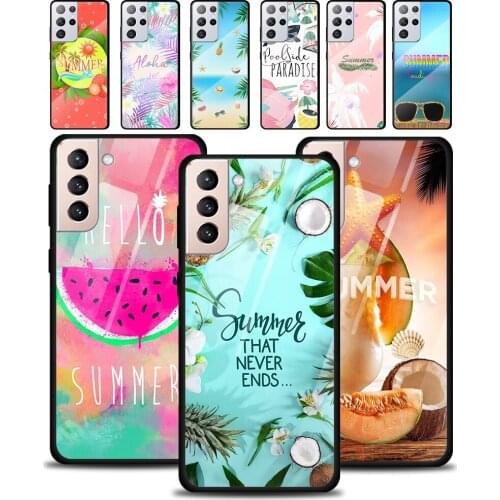 Hello Summer Coconut Tempered Glass Cover For Samsung Galaxy S21 Plus Ultra M21 M31 M51 A52 A72 Phone Case Coque