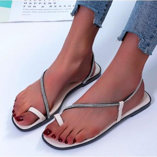 Summer Slippers Female Open-toe Set Toe Flats Rhinestones Womens Flip Flops Thin Belt Beach Sandals Rome Shoes chaussure femme