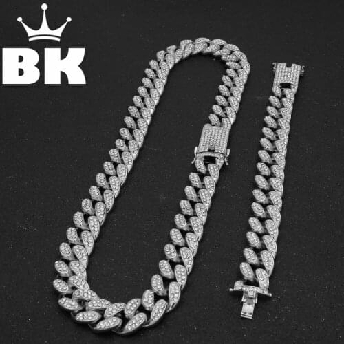 Mens Hip Hop Gold Color Iced Crystal Miami Cuban Chain Gold silver color Necklace & Bracelet Set HOT SELLING THE HIP HOP KING