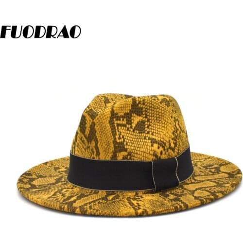 FUODRAO New Winter Fedora Hats Men Ribbon Jazz Caps Snake Print Women Vintage Panama British Travel Cowboy Hat F123