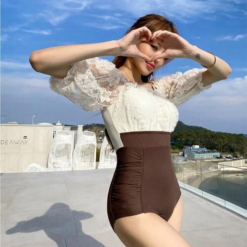 New Korean One-piece Swimsuit Women Lace Gather Swimwear Seaside Beach Wear Swim Suit Beachwear Half Long Sleeve Lace Up Bikini