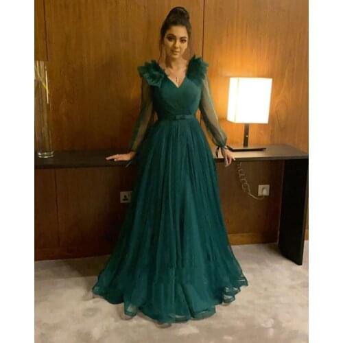 Robe de soiree 2020 African Hunter Green Prom Dresses Sexy V Neck Formal Evening Gowns Long Sleeves prom Gowns vestido de festa
