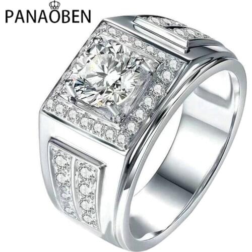 PANAOBEN Luxury Big Diamond Men Rings 925 Sterling Silver Exquisite Platinum Elegant Engagement Wedding Party Charm Jewelry Gift