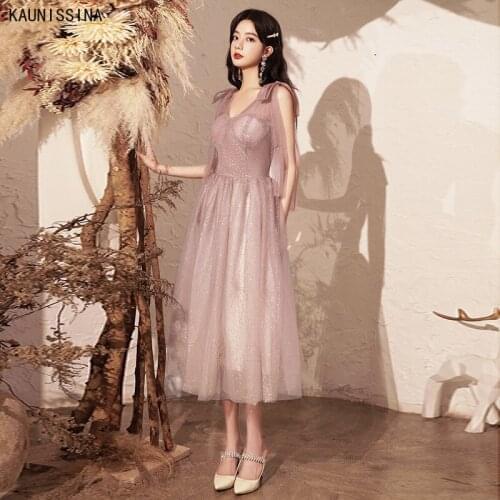 KAUNISSINA Pink Party Dresses Birthday Graduation Women Vestidos V-Neck Sleeveless Evening Gowns A-Line Sparkle Formal Dress