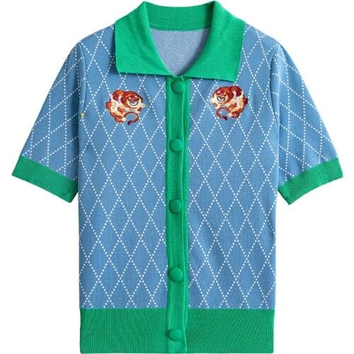 Niche Design Elegant Office Lady Tiger Embroidery Argyle Plaid Knitted Summer Short Sleeve Buttons Up Shirts Blouse Korean Tops