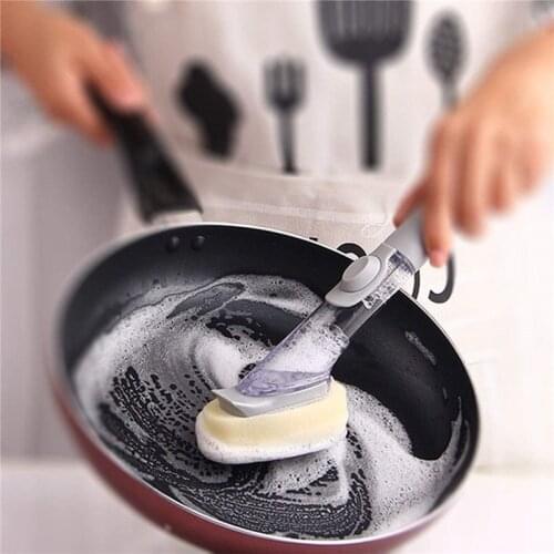 Long-Handle Dishwashing Brush Double Use Cleaning Scrubber Automatic Liquid Dispenser Dish Bowl Washing Sponge Kitchen Gadgets