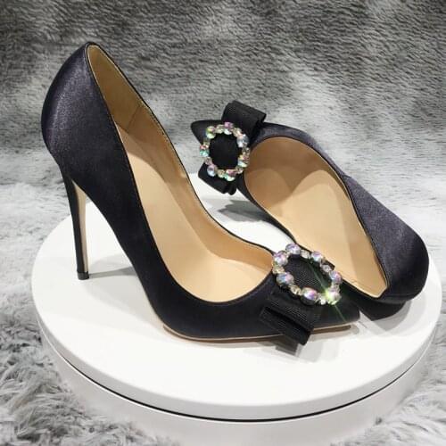 12cm pumps fashion new pointed high-heeled exquisite elegant single shoes heel ladies party nightclub silk black BM023 ROVICIYA