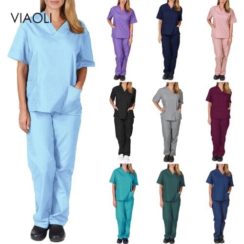 High quality wholesale comfortable/light summer nursing clothes in 10 colors, solid color (top + pants) pocket lab pet grooming