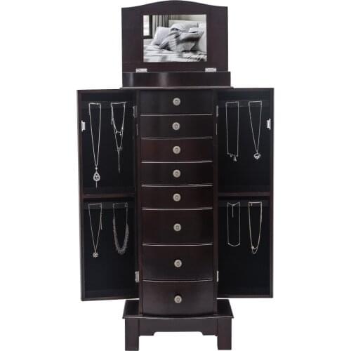 Jewelry Armoire with Mirror,Classic 8 Drawers&16 Necklace Hooks, 2 Side Swing Doors(Brown) Household and Functional 190812208