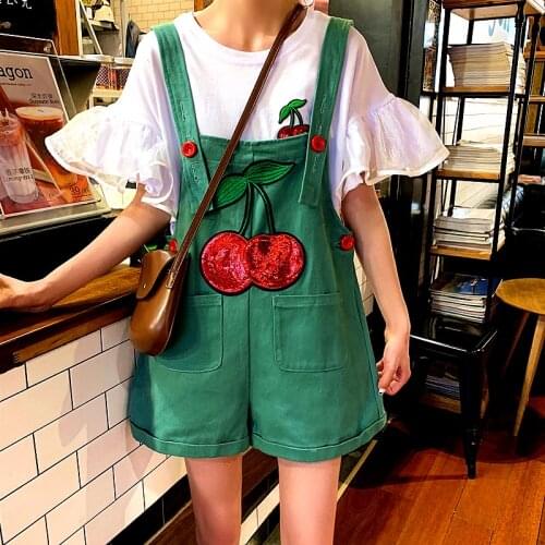 Summer Casual Playsuit Set Womens Flare Cherry Sequines Blouses Tops And Loose Cartoon Green Overall Shorts 2 Piece Set CC318