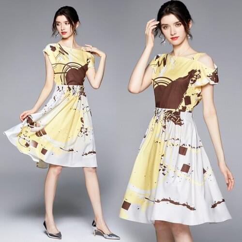 Dropship Summer Runway Vintage Print One Shoulder Short Sleeve Empire Waist Women Ladies Party Casual Beach Midi Pleated Dress