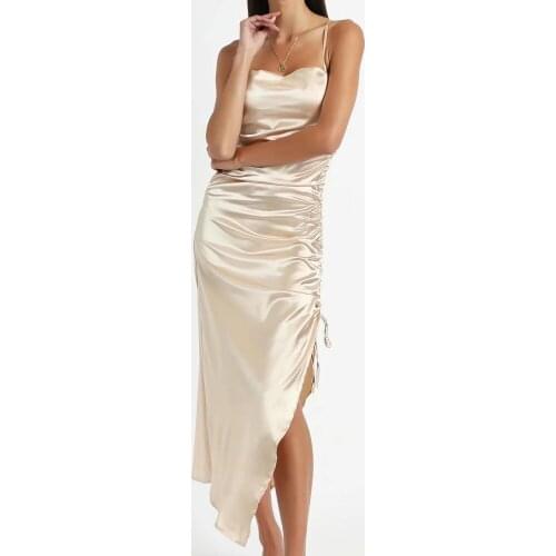 2021 Women Fashion Draw string Pleated Cozy Midi Dress Side Zipper Thin Straps Female Dresses Sling Vestidos Party Sundresses