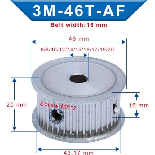Timing Pulley 3M46T Bore 6/8/10/12/14/15/16/17/19/20 mm Aluminum Belt Pulley Slot Width 16 mm For 3M-Timing belt Width 15 mm