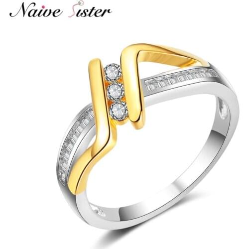 2 Tone Personality Design Fashion Ladies Engagement Ring Gold Color Wedding Rings For Women Cubic Zirconia Jewelry Copper Anillo
