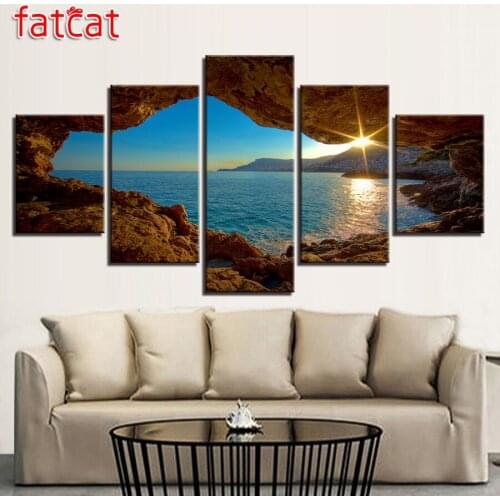 FATCAT Diy Full Diamond Painting 5 Pieces World Outside Cave Sunset Seascape Square Round Diamond Embroidery Sale Decor AE831