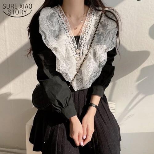 Korean Chic Blouse Spring Vintage V-neck Double-layered Lace Shirt Women Lace Stitched Loose Long-sleeved Shirt Top 13721