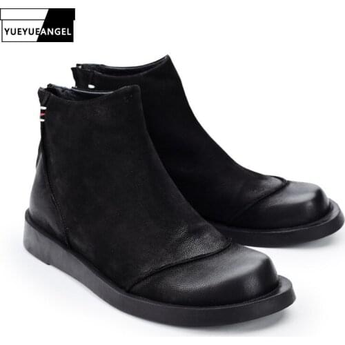 Vintage Work Boots Men British Style Fashion Round Toe Zip Ankle Shoes 100% Real Leather High Top Military Boots Black Khaki