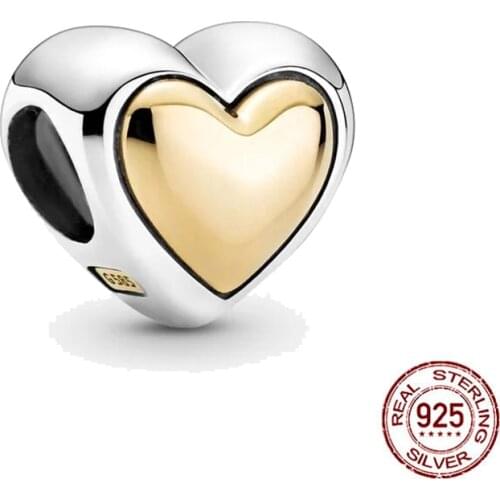 New Original 925 Sterling Silver Domed Golden Heart Charm Bead Fit Pandora Bracelet & Necklace For Women DIY Jewelry