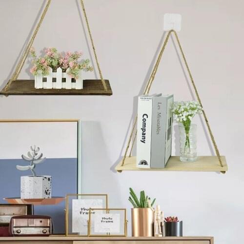Wood Hanging Rope Wall Ornament Premium Mounted Shelves Plant Flower Pot Rack Indoor Outdoor Home Room Decoration