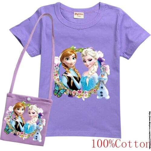 Disney childrens T-shirt + messenger bag set Frozen Elsa girls cotton Short sleeve clothes boys breathable sports T-shirt