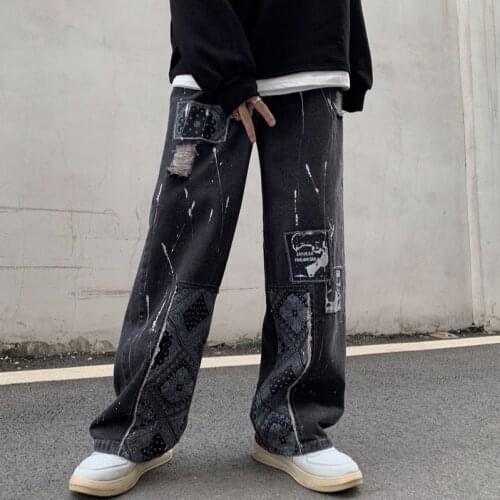 High Street Retro Print Ripped Jeans Streetwear Hip Hop Straight Loose Trousers Male/Female Trendy Denim Pants Unisex