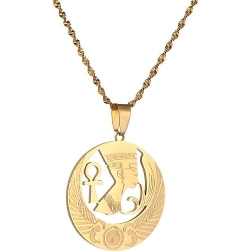 Egyptian Queen Nefertiti Ankh Cross and Wings Design Antique Pendant Necklace Jewelry