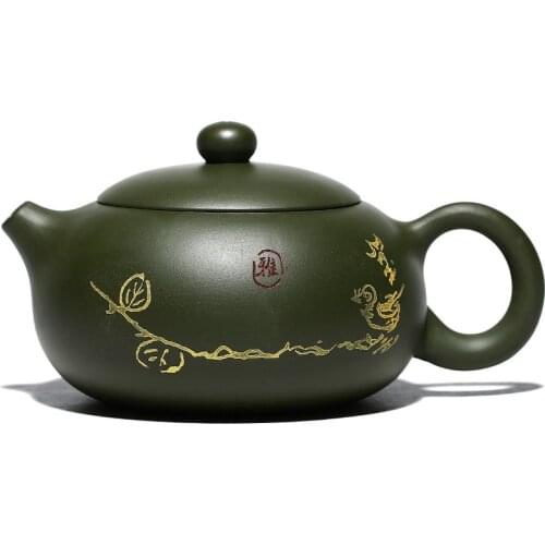 Yixing mud green teapot kung fu zisha kettle carved xishi pot handmade drinkware