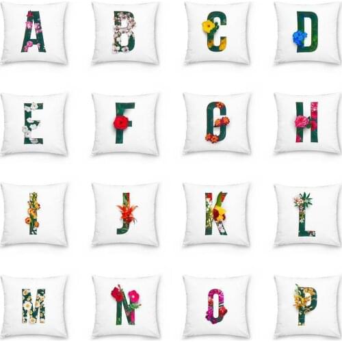 26 Alphabet Letters Flora Printed Square Pillowcase for Home Sofa Chair Car Waist Throw Cushion Cover Pillow Case 45x45cm