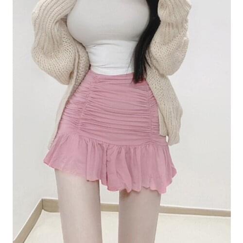 LJSXLS 2021 Summer Sexy Fashion Women Skirt High Waist Folds Elastic Pleated Mini Skirts Kawaii Half-length Short Skirt Black