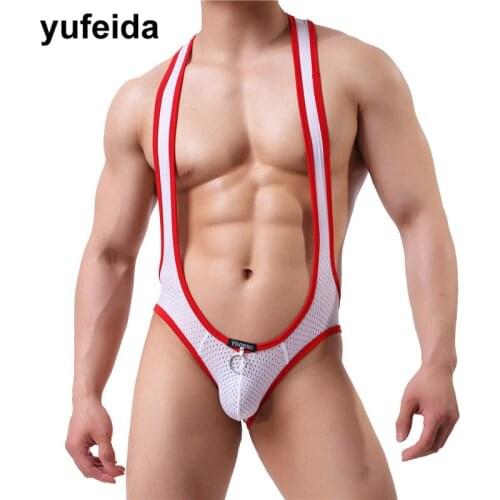 Mens Undershirts Mesh One-Piece Bodysuits Leotard Wrestling Singlet Backless Jumpsuit Hombre Underwear Male Penis Pouch Briefs