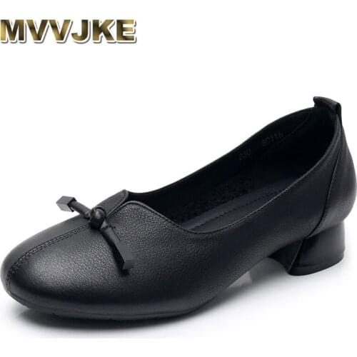 MVVJKE 2020 women autumn spring genuine leather low heels thick handmade shoes Vintage cowhide shoes woman pumps