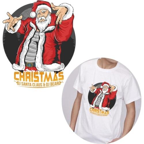 Rock Christmas Man Stickers Iron on transfers for Clothing Thermo Heat Transfer Santa Claus Patch Applique Stripes
