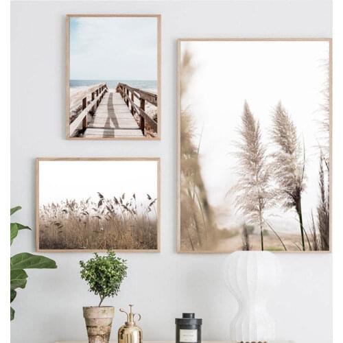 Coastal Wall Art Canvas Painting Pastel Beach Landscape Posters and Prints Pampas Grass Pictures for Living Room Home Decor