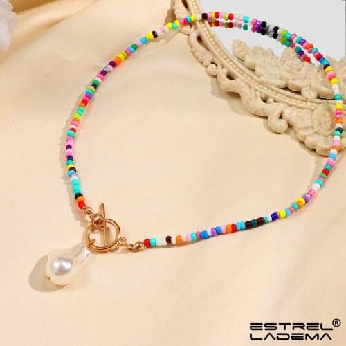 Trendy Irregular Pearl OT Buckle Rainbow Seed Beads Necklace For Women Girls Handmade Acrylic Beaded Necklaces Bohemian Jewelry