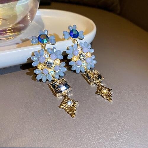 Origin Summer Luxury Blue Crystal Geometrical Dangle Earring for Women Stylish Gold Rhinestone Flower Earring Jewelry Pendientes