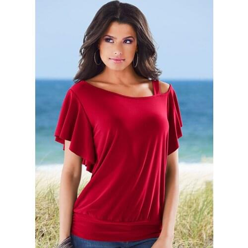 Womens shirts 2019 Hot new solid color loose flounce short sleeve irregular top single shoulder strap pullover O-Neck