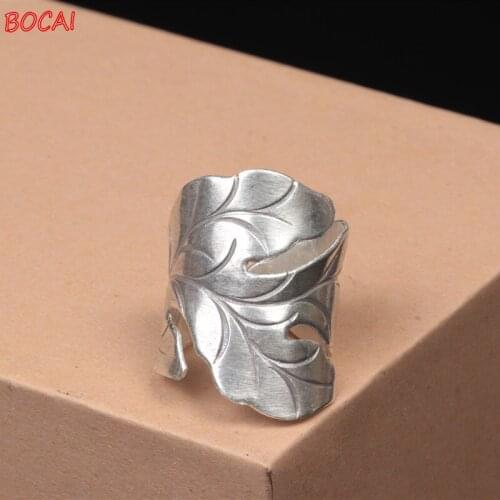 S925 sterling silver leaf leaf ring retro wide open index finger ring female