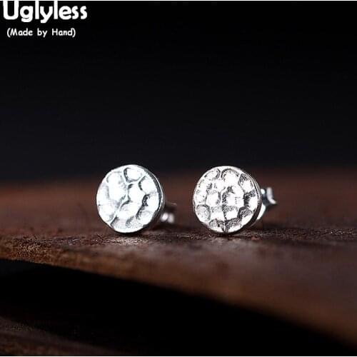 Uglyless Handmade Knocking Face MINI Studs Unisex Round Stud Earrings Real Solid 925 Sterling Silver Fine Jewelry Thai Silver