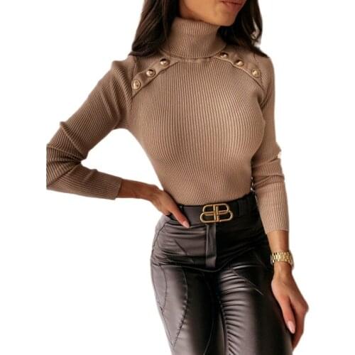 Hot Sale Autumn And Winter New Fashion Long-Sleeved Solid Color Thread Button Decoration Turtleneck Sweater Top Women