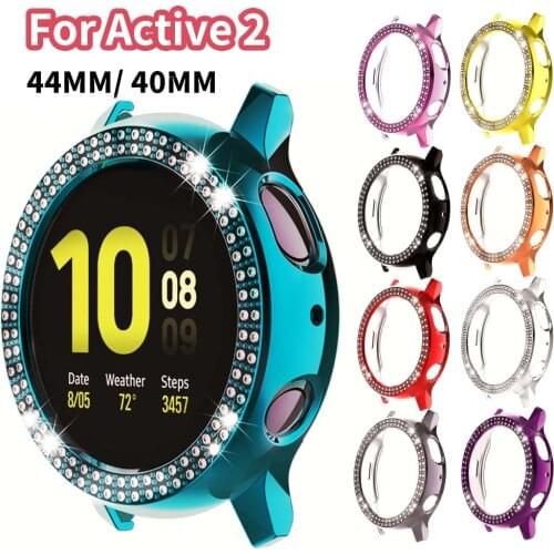 Protector Case for Samsung Galaxy Watch Active2 44/40mm Cover for Active 2 44mm Band Women Double Row Diamond Cases Bumper Shell